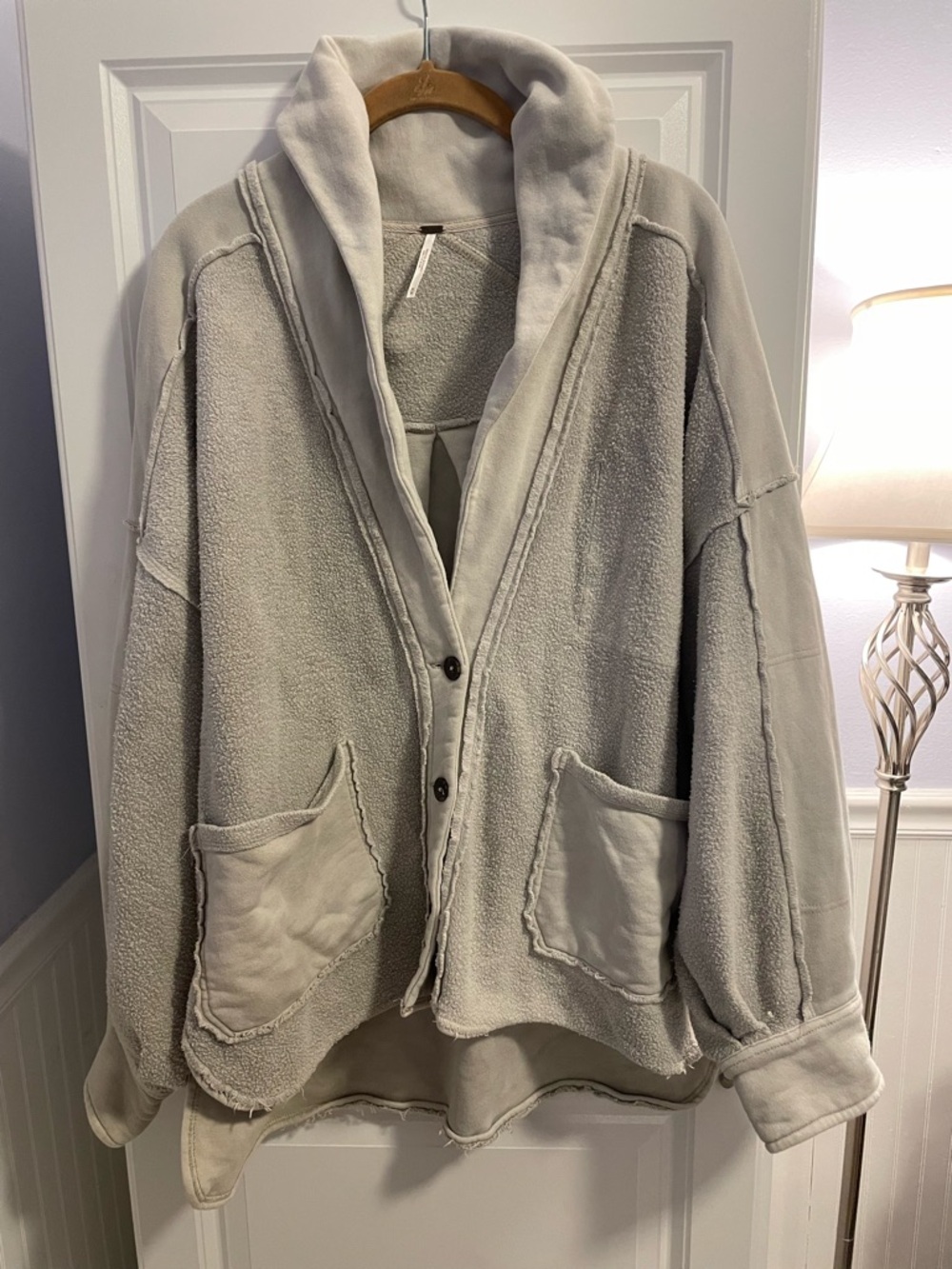 Free People Fleece Jacket Cardigan Beige Oversized Button Front Sherpa Raw Hem M